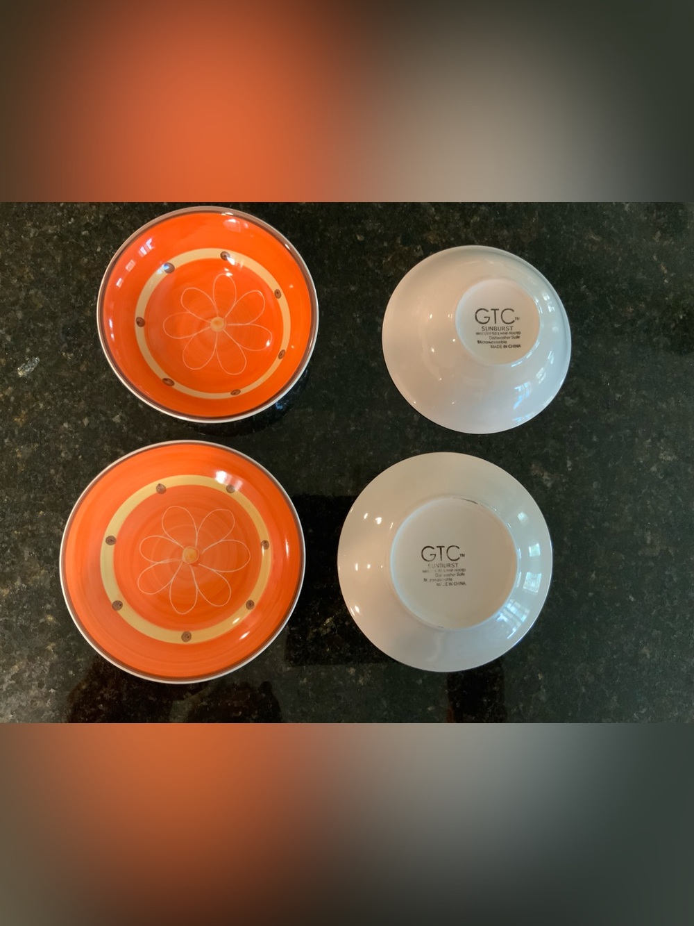 Vintage GTC Sunburst Orange Salad‎ Plates & Soup Bowls - Set of 4 MCM Retro